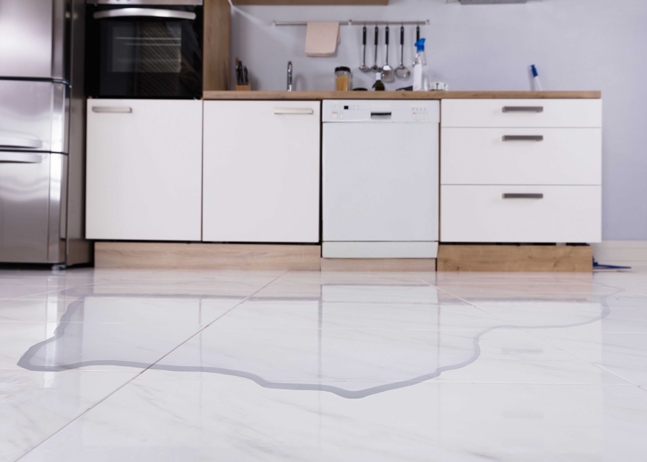 Kitchen flooded by a dishwasher leak in an Overland Park, KS home