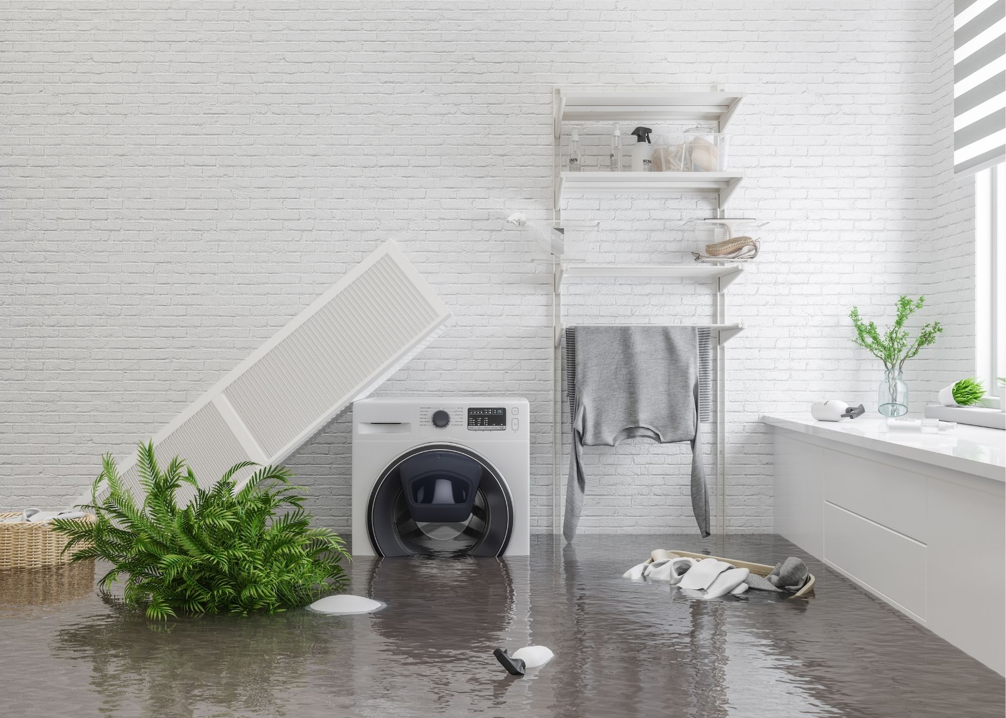 Sewage backup flooding a basement laundry room in an Overland Park, KS home